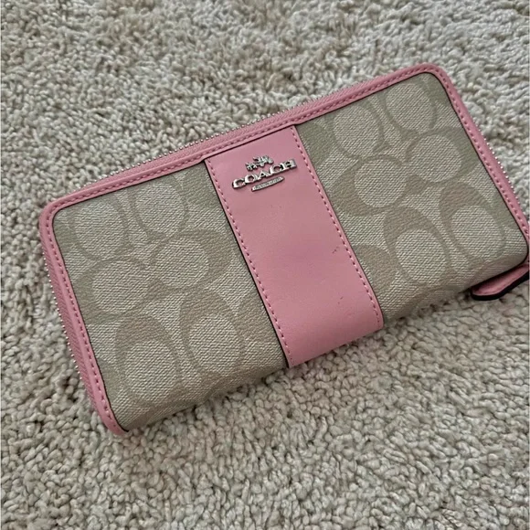 Coach Beige Monogram Zip Wallet with Pink Trim - Picture 1 of 3